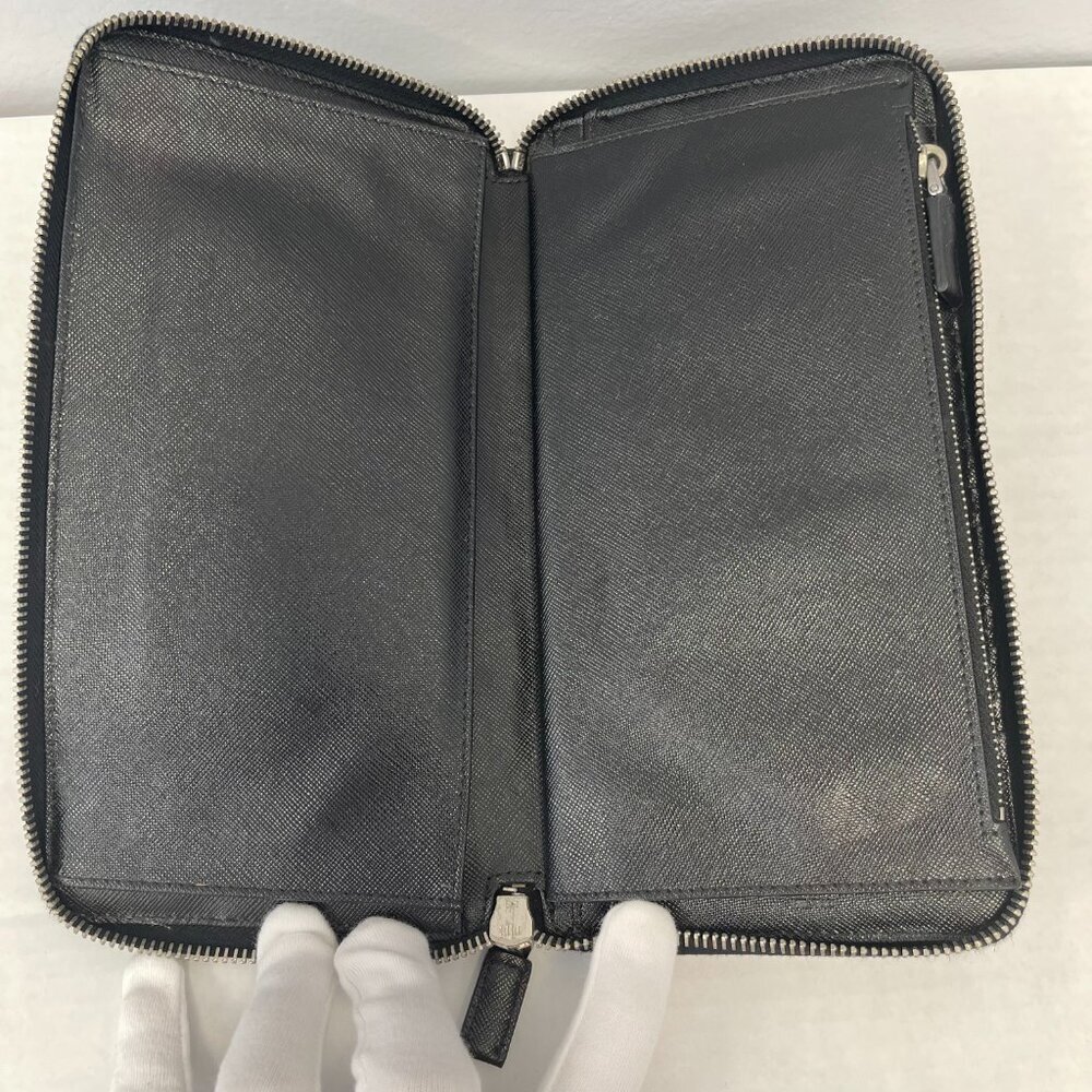 Prada Saffiano Leather Organizer Zippy Wallet in Black and Turquoise - Preowned - Picture 3 of 13